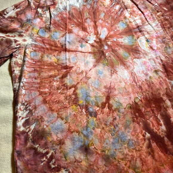 Custom Tie Dye Men’s 2XL Short Sleeve Linen Blend Button Down Shirt Red Brown - Picture 8 of 13